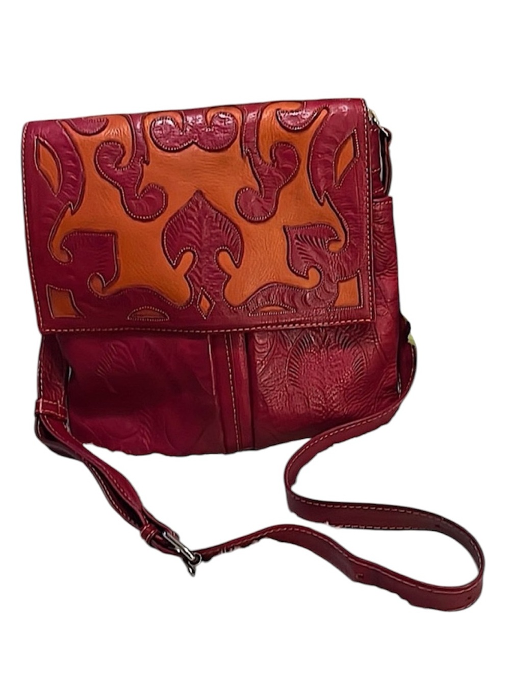 JL Saldivar Dark Red Burnt Orange Embossed Tooled Leather Crossbody Shoulder Bag